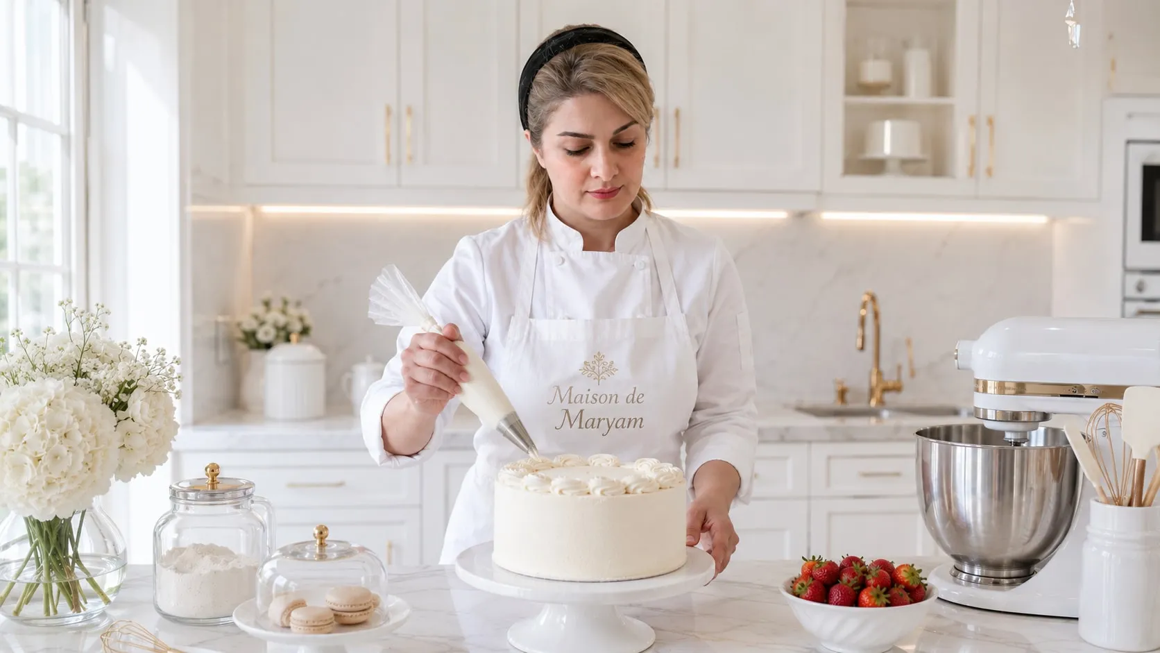 Maryam piping buttercream onto a cake in her Austin kitchen, wearing a Maison de Maryam apron
